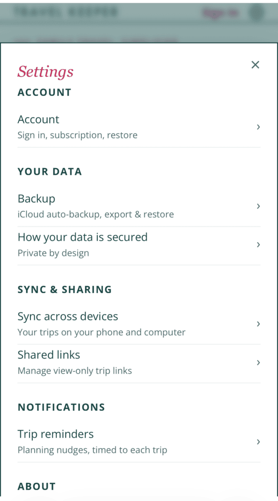 Travel Keeper app settings
